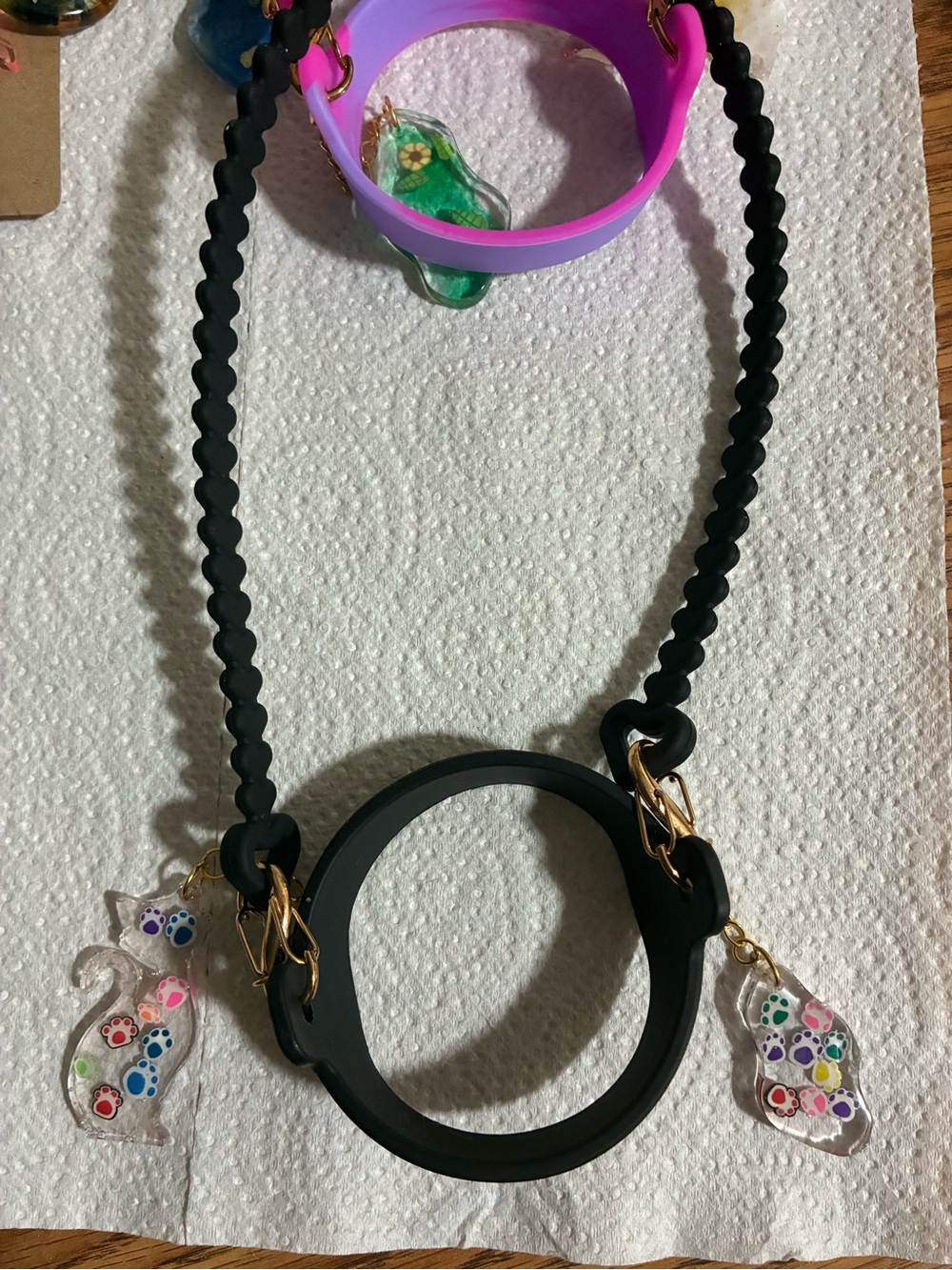 Black Silicone Ring Tumbler lanyard with Colorful Paw Charms
